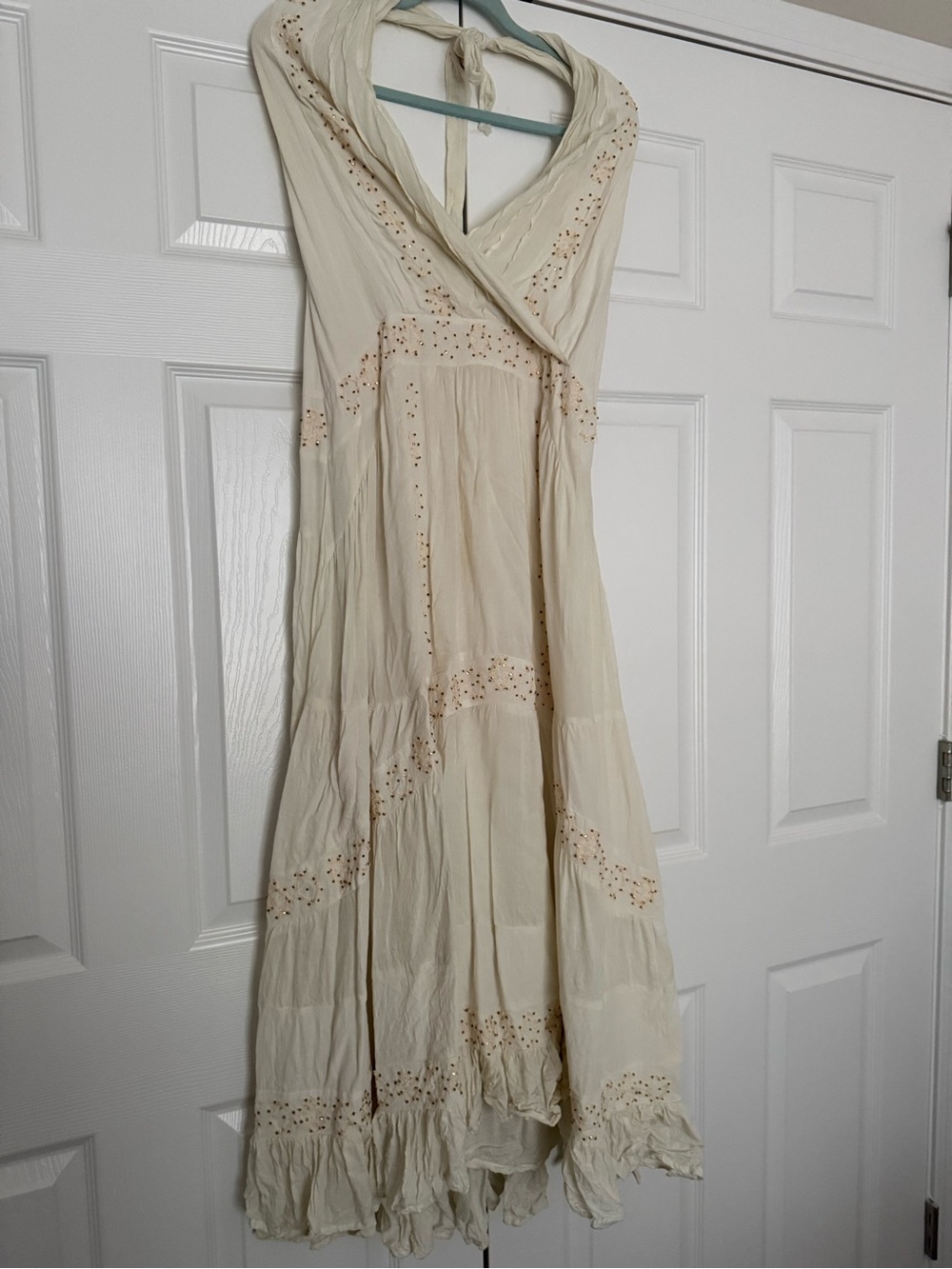 Boho chic Free People Maxi Dress with beaded details. Tie back